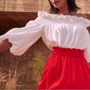 NWT $120 Banana Republic Bria Linen Off-Shoulder puff sleeve Top White womens XS